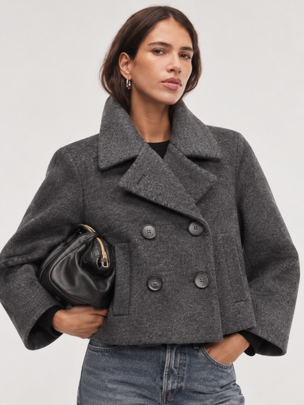 Theory Charcoal Gray Wool Cropped Peacoat Double Breasted Size S